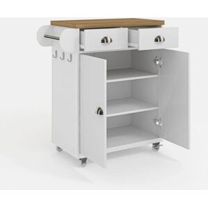 Perth Kitchen Cart - wide kitchen storage with 2 drawers, countertop for culinary essentials, movable kitchen cart - Beaufort Oak + White - Galano