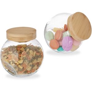 2x Candy Jars with Bamboo Lids, Storage for Sweets, Decorative Kitchen Accessories, 1.5 l, Transparent/Natural - Relaxdays