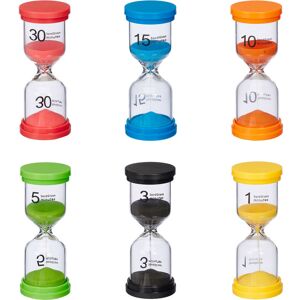 6x Sand Timer, Hourglass, Productivity Clock, 6 Different Times, HxW: 11x4.5cm, Children, Plastic, Colourful - Relaxdays