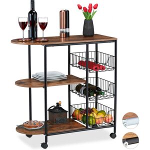 Kitchen Trolley, 3 Levels and 3 Baskets, h x w x d approx. 84 x 83 x 37 cm, Metal & mdf, Black/Brown - Relaxdays