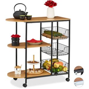 Kitchen Trolley, 3 Levels and 3 Baskets, h x w x d approx. 84 x 83 x 37 cm, Metal & mdf, Black/Light Brown - Relaxdays