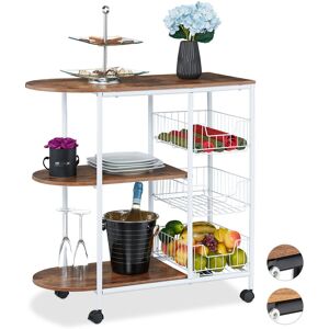 Relaxdays Kitchen Trolley, 3 Levels and 3 Baskets, H x W x D approx. 84 x 83 x 37 cm, Metal & MDF, White/Brown