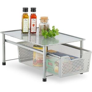 Relaxdays Drawer Shelf, Stackable Organiser, Metal, Kitchen, Bathroom, Pull-out Basket, HWD: 19 x 28 x 42.5 cm, Silver