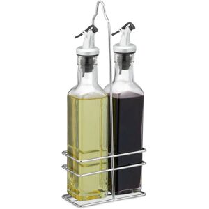 Oil & Vinegar Dispenser, Pour Spout, 2 in 1 Kitchen Accessory, Bottles with Holder, 2 x 250 ml, Transparent - Relaxdays