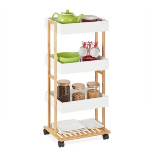Storage Trolley, 4 Shelves, h x w x d approx. 88 x 40 x 30 cm, Bamboo, Natural/White - Relaxdays