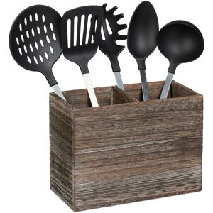 Utensil Holder Kitchen, 2 Compartments For Cutlery, hwd 17x24x12 cm, Wood Cutlery & Utensil Caddy , Dark-brown - Relaxdays