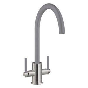 Prima - Coloured Swan Neck Dual Lever Kitchen Sink Mixer Tap - Grey/Brushed Steel