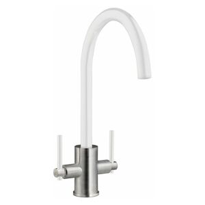 Prima - Coloured Swan Neck Dual Lever Kitchen Sink Mixer Tap - White/Brushed Steel