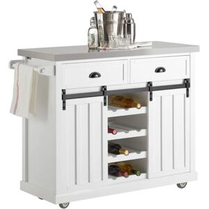 SOBUY New Kitchen Storage Trolley Kitchen Cabinet Kitchen Island with Stainless Steel Top and Sliding Doors,FKW94-W+Free Kitchen Hanging Shelf KCR03-N