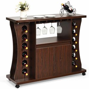 COSTWAY Wooden Bar Serving Cart Mobile Wine Trolley w/ Wine Rack Buffet Serving Cart