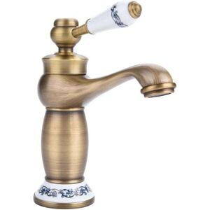 YMYNY 1pc Antique Vintage Brass Faucet with Blue and White Porcelain, Long Neck Mixer Tap for Bathroom/Kitchen, Cold and Hot Water Sink mumu
