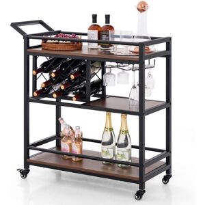 Costway - 3-Tier Bar Cart Industrial Serving Cart Kitchen Rolling Cart w/Wine Racks