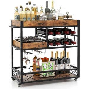 Costway - 3-Tier Industrial Kitchen Serving Cart Rolling Bar Serving Trolley w/ Wine Rack