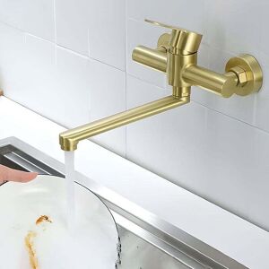 YMYNY 360° Swivel Kitchen Faucet Wall Mounted 304 Stainless Steel Single Handle Kitchen Sink Mixer Tap Brushed Gold mumu