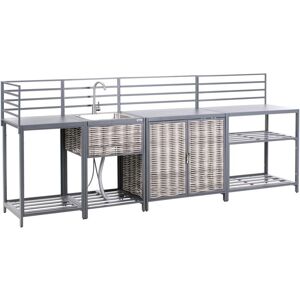 Beliani - 4 Piece Outdoor Kitchen Set Aluminium pe Rattan Storage Cabinet Island Sink Grey Mirador