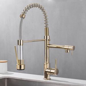 TONCHEAN All Copper Kitchen Sink Faucets, Dual Outlet Cold and Hot Water, Deck Mounted Spring Mixer Taps, Gold