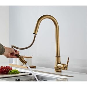 Ikodm - Antique Brass Kitchen Faucet, 360° Rotatable Kitchen Mixer Tap with Pull-Out Sprayer, Vintage Kitchen Sink Faucet