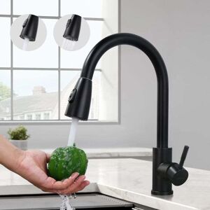 YMYNY Black kitchen faucet, sink faucet with pull-out shower made of stainless steel, kitchen faucet with 2 jet types, high spout and 360° rotatable,