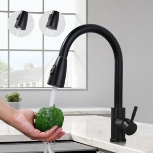 TINOR Black Kitchen Faucet, Sink Mixer Tap with Pull-Out Spray in Stainless Steel, Kitchen Mixer Tap with 2 Jet Modes, High Spout and 360° Rotatable,