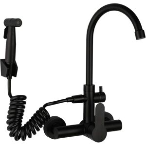 IKODM Black Kitchen Faucet with Spray Gun and 2 Types of Water Jets Wall Mounted Single Lever Concealed Mixer Tap in 304 Stainless Steel with 360° Swivel