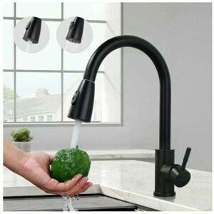 GROOFOO Black kitchen tap, sink mixer with pull-out spray in stainless steel, kitchen mixer with 2 jet modes, high and 360° rotating spout, anti-corrosion