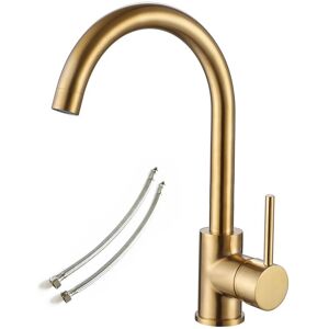 Buyaparcel - Brushed Brass Mixer Kitchen Tap Single Handle c High Spout Swivel Lever +Fixings