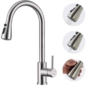 Ikodm - Brushed Kitchen Mixer Tap 360° Rotatable Kitchen Faucet with Pull-Out Spray Stainless Steel Kitchen Sink Faucet with 3 Modes