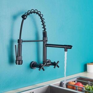 Cyslmuk - Concealed Wall Mounted Kitchen Faucet with Pull Down Spout, 360° Rotatable Sink Faucet with 3 Spray Modes Black