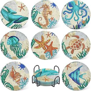 8 Pieces Diamond Painting Coasters for Adults, diy Underwater World Coasters for Afternoon Tea, Family Gatherings and Holiday Dinners (Blue) - Csparkv