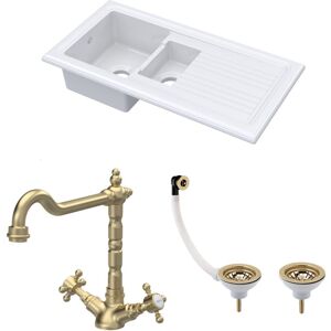 Balterley - Fireclay Kitchen Bundle - 1.5 Bowl Sink & Drainer, Waste & French Classic Tap, 1010mm - Brushed Brass