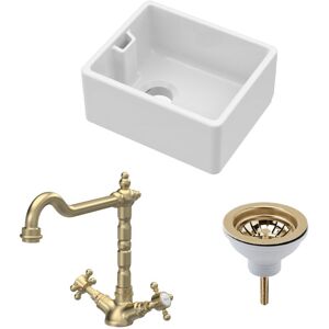 Balterley - Fireclay Kitchen Bundle - Compact Single Bowl Belfast Sink, Strainer Waste & French Classic Tap, 460mm - Brushed Brass