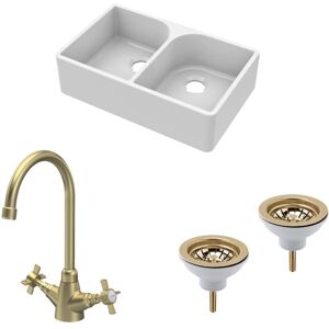 BALTERLEY Fireclay Kitchen Bundle - 2 Bowl Full Weir Butler Sink No Overflow with Wastes & Mono Tap, 795mm - Brushed Brass