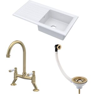 Balterley - Fireclay Kitchen Bundle - Single Bowl Sink & Drainer, Waste & Bridge Lever Tap, 1010mm - Brushed Brass
