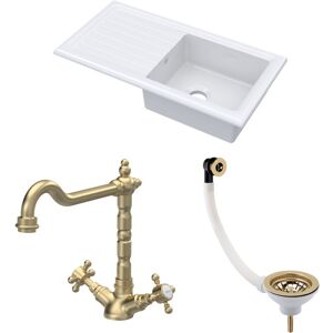 Balterley - Fireclay Kitchen Bundle - Single Bowl Sink & Drainer, Waste & French Classic Tap, 1010mm - Brushed Brass