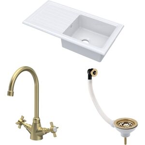 BALTERLEY Fireclay Kitchen Bundle - 1 Bowl Sink & Drainer with Waste & Mono Crosshead Tap, 1010mm - Brushed Brass