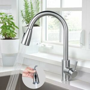 CYSLMUK Kitchen Faucet, 304 Stainless Steel Sink Faucet, Two Spout Modes, 360° Swivel Sink Faucet with Pull Out Spout and Two 60cm Inlet Hoses