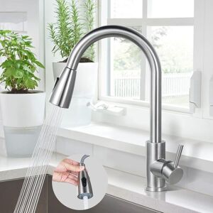 AOUGO Kitchen Faucet, 304 Stainless Steel Sink Mixer Tap, 360° Rotating Sink Faucet with Pull-Out Spray, Kitchen Mixer Tap 2 Water Jets Brass Nut Brushed