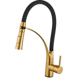 ZVD - Kitchen Faucet - 360° Swivel with Flexible Black Silicone Hose, Kitchen Mixer Tap with Pull-Out Metal Sprayer, Gold Finish