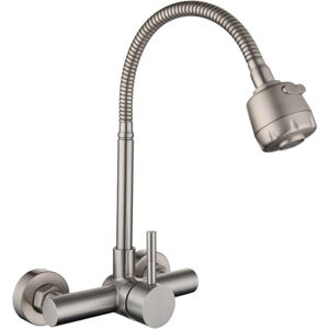 Kitchen faucet made of 304 stainless steel, wall-mounted, 360° swivel spout, with hose - brushed Ymyny