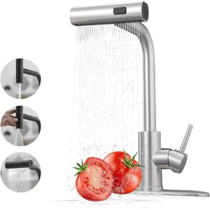 SHUNLI Kitchen faucet with pull-down sprayer, waterfall kitchen sink faucet, faucet with pull-down sprayer, 3 functions, brushed