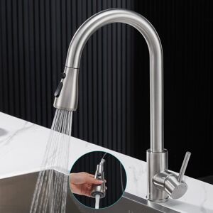 TONCHEAN Kitchen Faucet with Pull-Out Spray, 304 Stainless Steel Kitchen Mixer Tap, High Spout 360° Rotatable Sink Faucet with 3 Adjustment Modes, Brushed