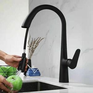 Dewdat - Kitchen Sink Faucet, Two Water Distribution Modes with Pull-Out Shower, Modern Kitchen Faucet in Matte Black Stainless Steel