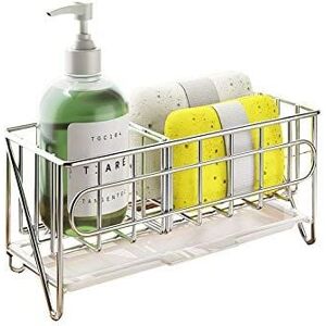 ZVD - Kitchen Sink Sponge Holder Organizer, Kitchen Sink Storage for Cleaning Brush, Soap Dish with Drain Tray, Silver