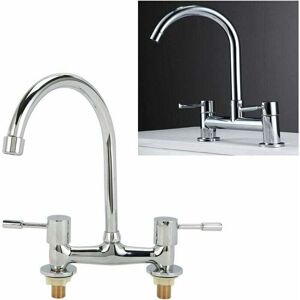 GROOFOO Kitchen Sink Taps 2 Hole 1/4 Turn Dual Lever Deck Mounted Hot & Cold Mixer Faucet Swivel Spout Black Taps