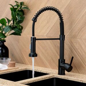 AOUGO Kitchen Taps with Pull Down Sprayer, Kitchen Sink Taps,Brass Black Single Handle Single Lever High Arc Spring tap(Matte Black)