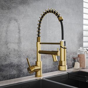 Livingandhome - Brushed Gold Stainless Steel Kitchen Faucet with Pull Down Spring Spout