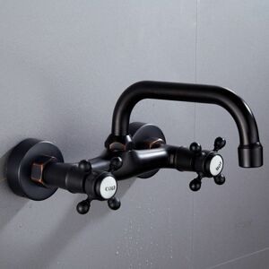 DEWDAT Matte Black Kitchen Faucet Wall Mount Adjustable Center Spout Dual Cross Handles Hot And Cold Water Mixer Tap 360 Rotatable