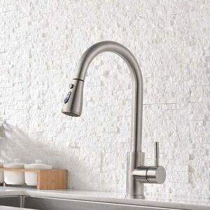 YMYNY Pull Out Kitchen Faucet - 360° Swivel Kitchen Tap - 2 Modes - Raised Curved Spout Kitchen Faucet, Brushed Nickel mumu