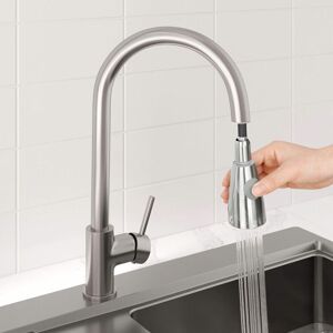 SHUNLI Pull Out Kitchen Faucet Single Lever Modern Single Sink Mixer Hot and Cold Water Faucet - Baden Brushed Nickel Finish