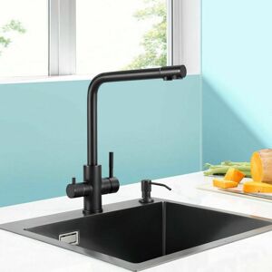 DEWDAT Pure-b 3 Way Kitchen Faucet, Convenient 2-in-1 Mixer Tap with 2 Separate Control Levers for Hot/Cold and Filtered Water, 304 Stainless Steel - Black